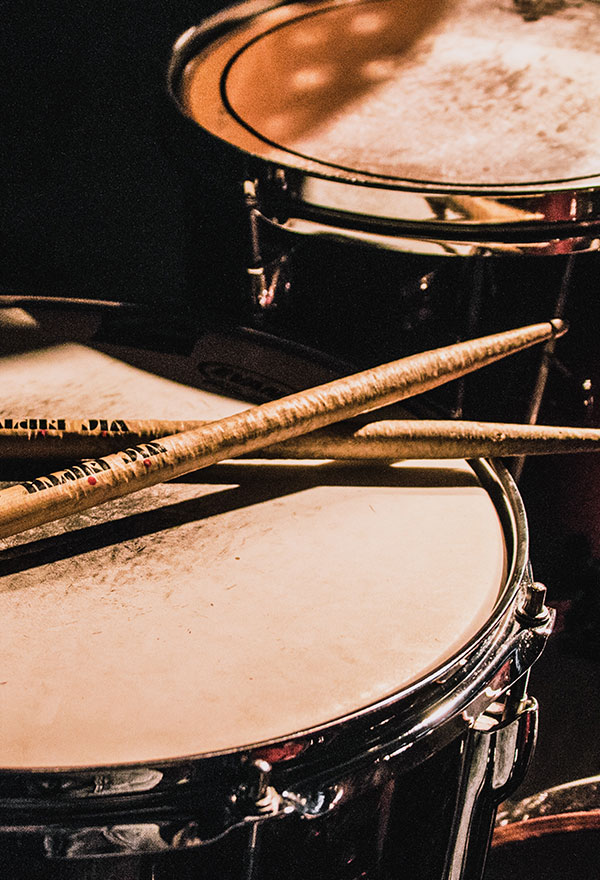 Drum kit with drumsticks for music
